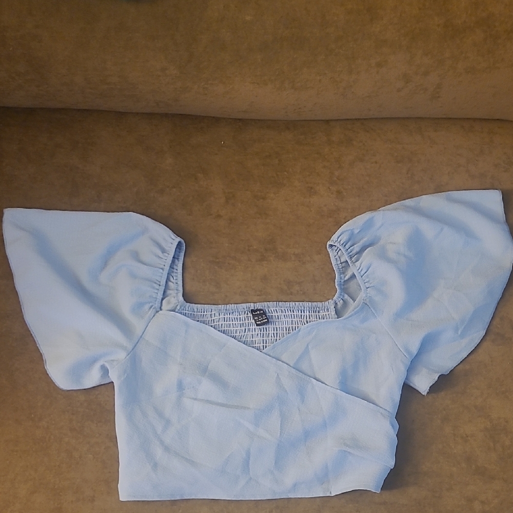 SHEIN Blue Asymmetrical Crop Blouse Cap Sleeve